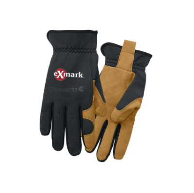 Set of Carhartt Open-Cuff Gloves. Top of glove is black with black carhartt logo. Index finger, thumb, and palm of gloves are a camel/carhartt brown color with an abstract cut out pattern on the fingers.