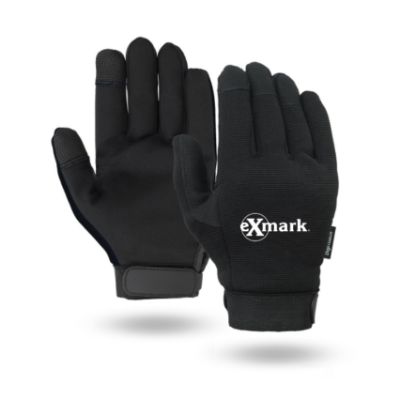 Pair of Black mechanics gloves pictured; One with palm facing forward and one with back of hand facing forward. White Exmark logo pictured on back of hand.