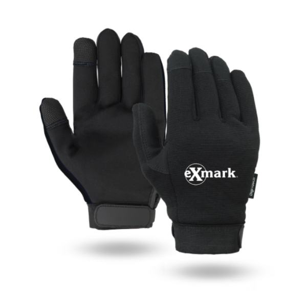 Pair of Black mechanics gloves pictured; One with palm facing forward and one with back of hand facing forward. White Exmark logo pictured on back of hand.